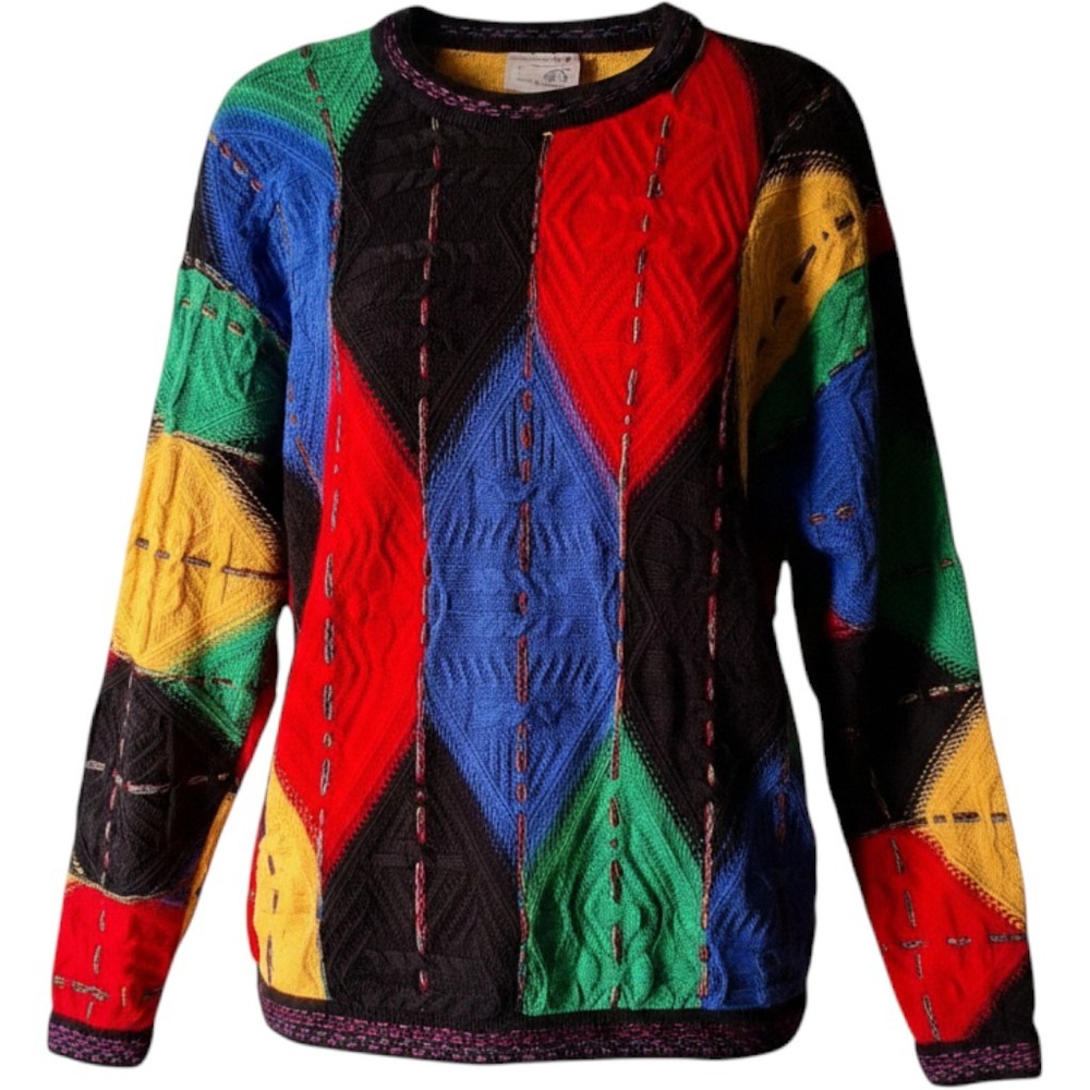 Coogi Australia Mens Large Multi Color Patchwork Cable‎ Knit Cotton Sweater Vtg